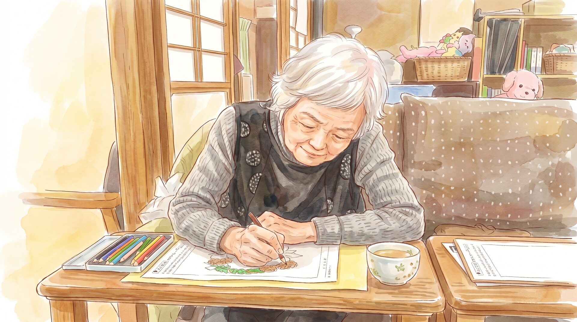 塗り絵を楽しむ利用者様