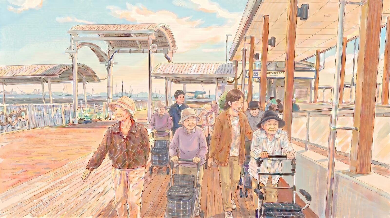 海沿いのボードウォークを散歩する憩いの汀の利用者様とスタッフ